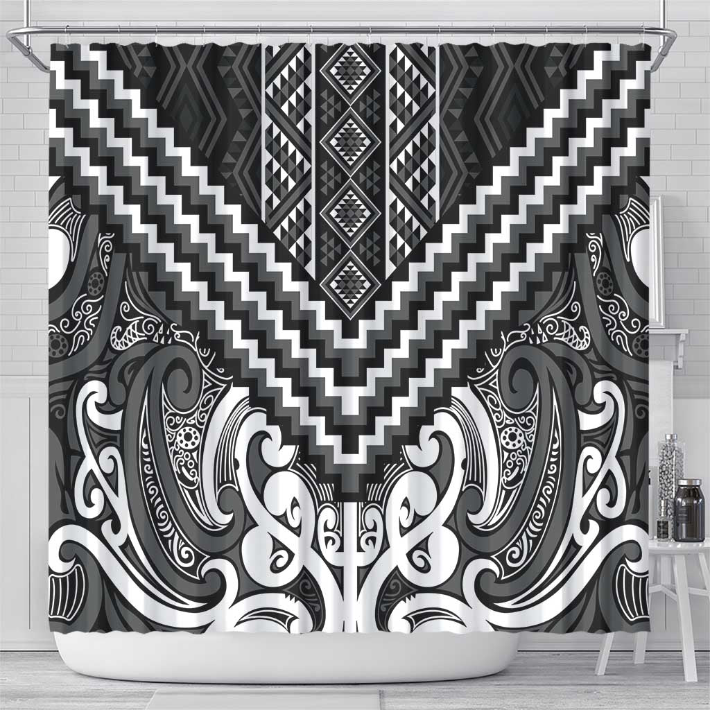 Maori Tukutuku Taniko Motifs Shower Curtain Black Poutama Mix Kowhaiwhai