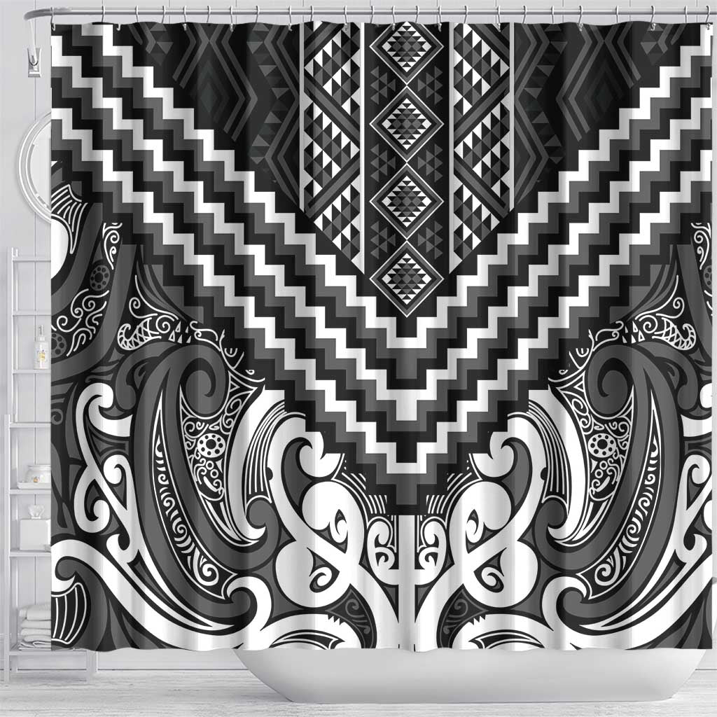 Maori Tukutuku Taniko Motifs Shower Curtain Black Poutama Mix Kowhaiwhai