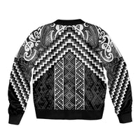 Maori Tukutuku Taniko Motifs Sleeve Zip Bomber Jacket Black Poutama Mix Kowhaiwhai