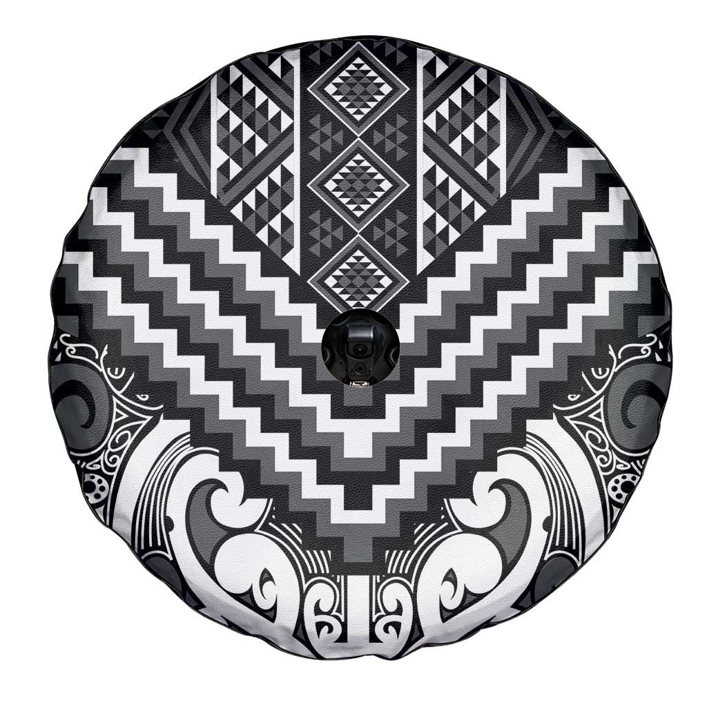 Maori Tukutuku Taniko Motifs Spare Tire Cover Black Poutama Mix Kowhaiwhai