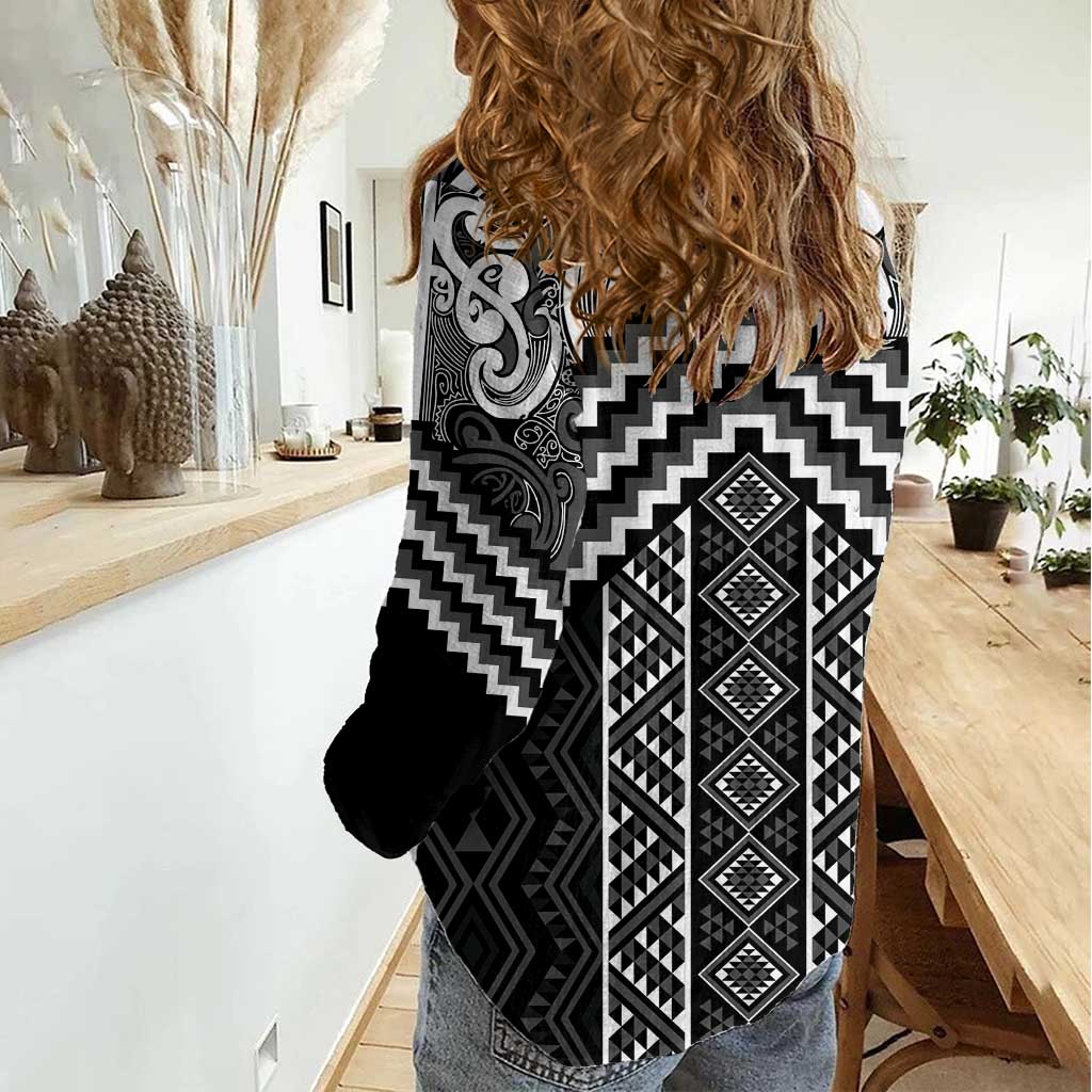 Maori Tukutuku Taniko Motifs Women Casual Shirt Black Poutama Mix Kowhaiwhai LT7 - Polynesian Pride