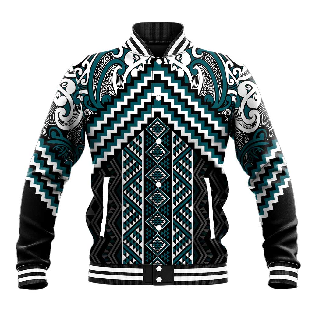 Maori Tukutuku Taniko Motifs Baseball Jacket Teal Poutama Mix Kowhaiwhai LT7 Unisex Teal - Polynesian Pride