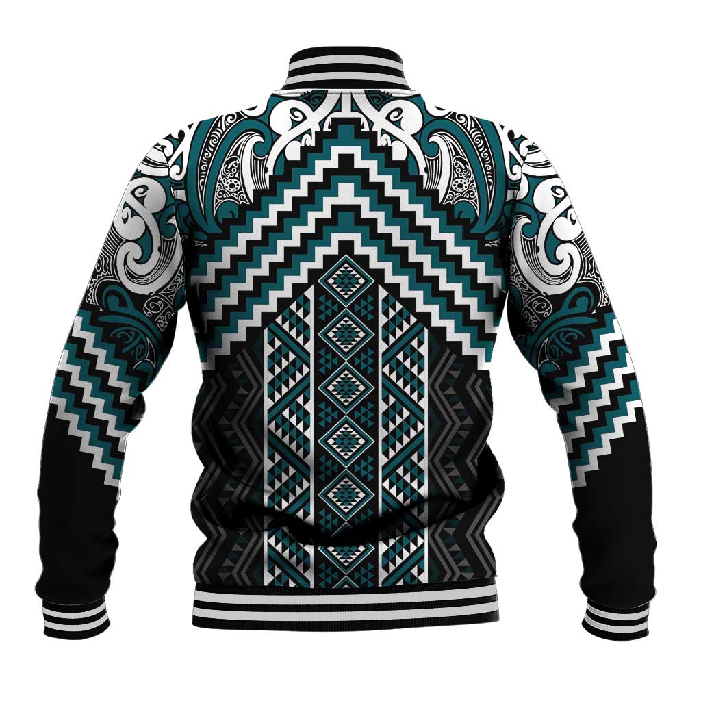 Maori Tukutuku Taniko Motifs Baseball Jacket Teal Poutama Mix Kowhaiwhai
