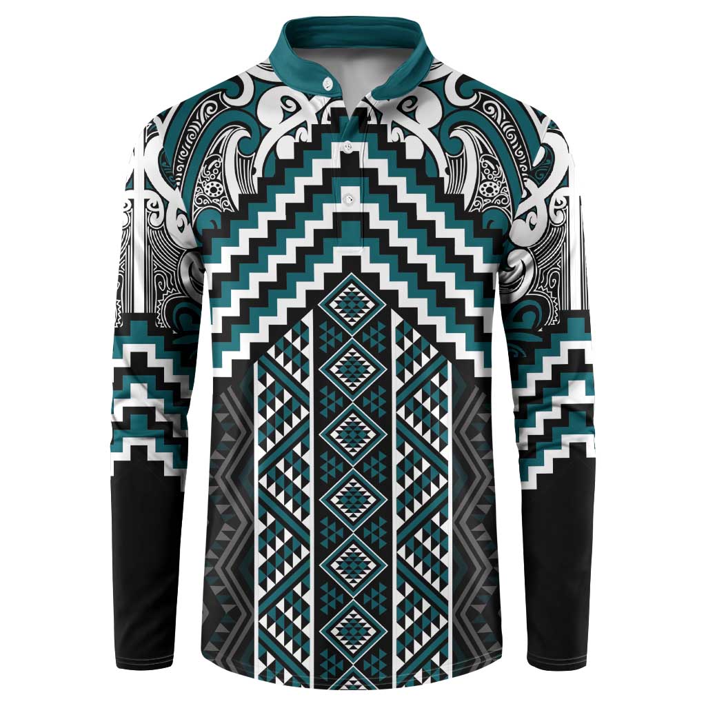 Maori Tukutuku Taniko Motifs Button Sweatshirt Teal Poutama Mix Kowhaiwhai LT7 Teal - Polynesian Pride