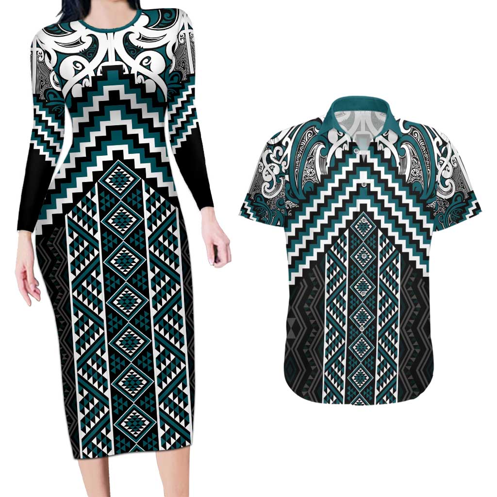 Maori Tukutuku Taniko Motifs Couples Matching Long Sleeve Bodycon Dress and Hawaiian Shirt Teal Poutama Mix Kowhaiwhai LT7 Teal - Polynesian Pride