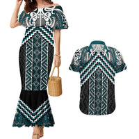 Maori Tukutuku Taniko Motifs Couples Matching Mermaid Dress and Hawaiian Shirt Teal Poutama Mix Kowhaiwhai LT7 Teal - Polynesian Pride