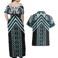Maori Tukutuku Taniko Motifs Couples Matching Off Shoulder Maxi Dress and Hawaiian Shirt Teal Poutama Mix Kowhaiwhai LT7 - Polynesian Pride
