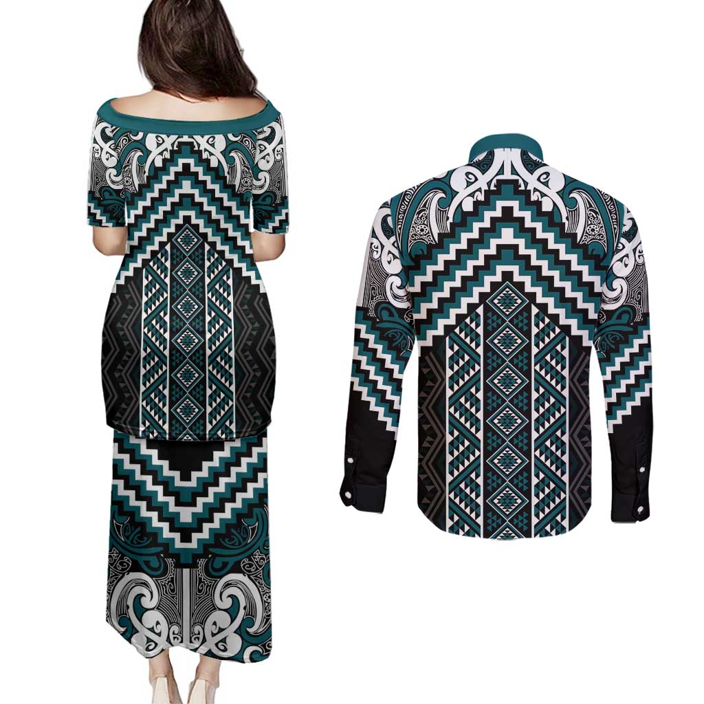 Maori Tukutuku Taniko Motifs Couples Matching Puletasi and Long Sleeve Button Shirt Teal Poutama Mix Kowhaiwhai