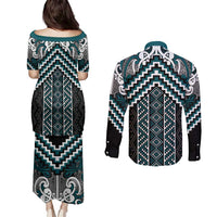 Maori Tukutuku Taniko Motifs Couples Matching Puletasi and Long Sleeve Button Shirt Teal Poutama Mix Kowhaiwhai