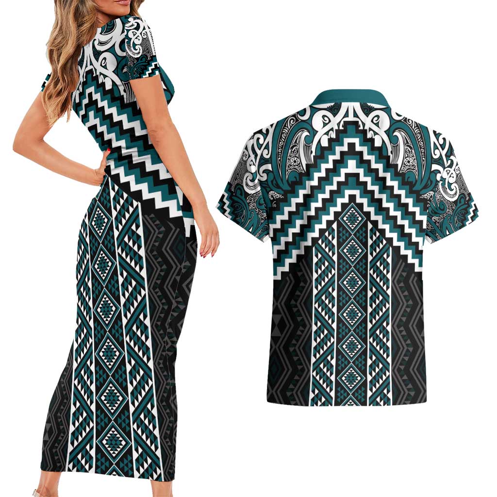 Maori Tukutuku Taniko Motifs Couples Matching Short Sleeve Bodycon Dress and Hawaiian Shirt Teal Poutama Mix Kowhaiwhai LT7 - Polynesian Pride