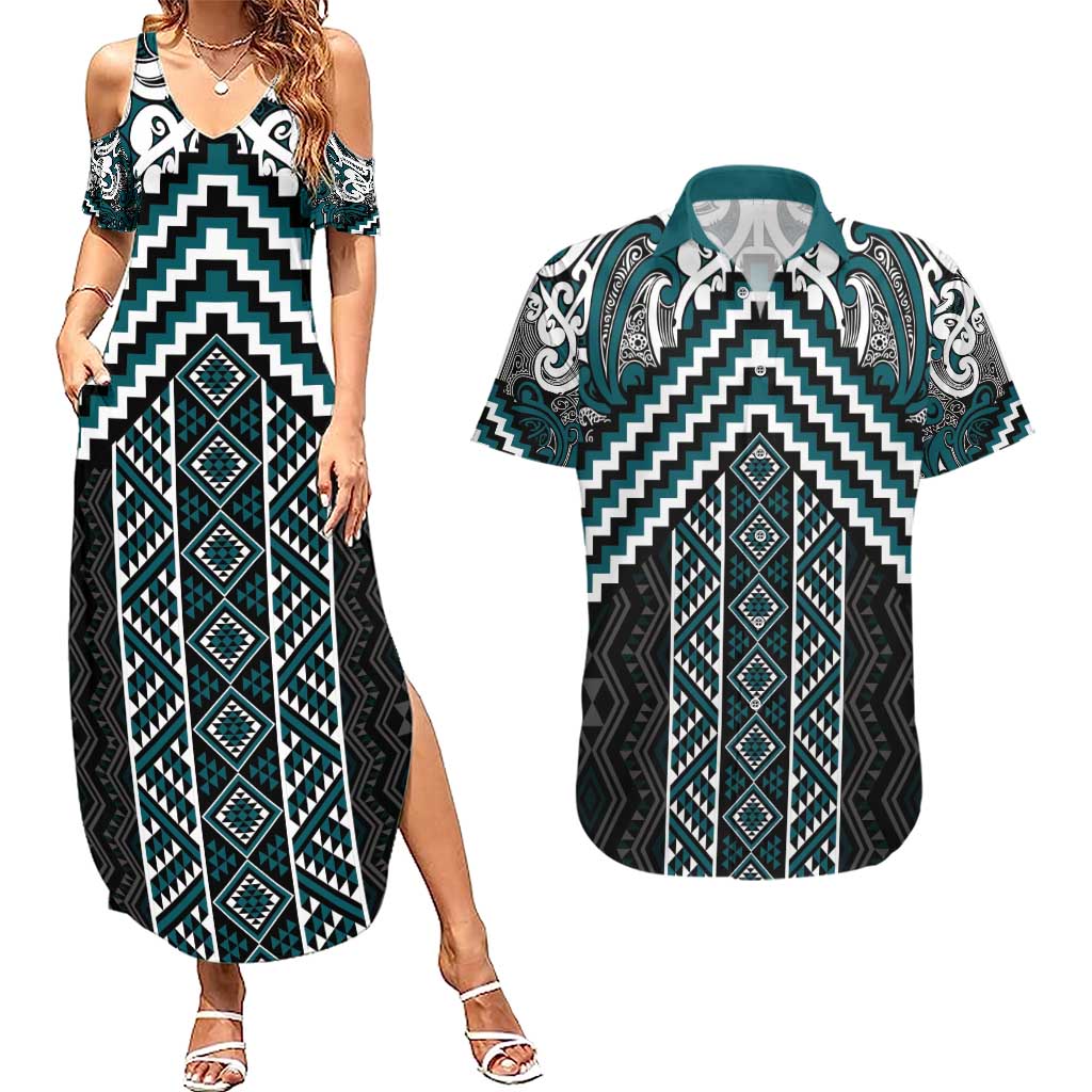 Maori Tukutuku Taniko Motifs Couples Matching Summer Maxi Dress and Hawaiian Shirt Teal Poutama Mix Kowhaiwhai LT7 Teal - Polynesian Pride