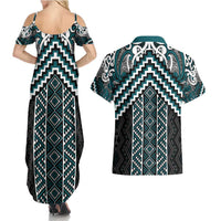 Maori Tukutuku Taniko Motifs Couples Matching Summer Maxi Dress and Hawaiian Shirt Teal Poutama Mix Kowhaiwhai LT7 - Polynesian Pride