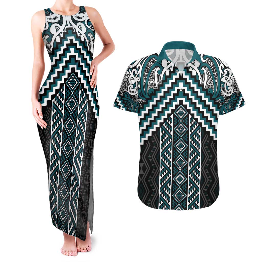 Maori Tukutuku Taniko Motifs Couples Matching Tank Maxi Dress and Hawaiian Shirt Teal Poutama Mix Kowhaiwhai LT7 Teal - Polynesian Pride