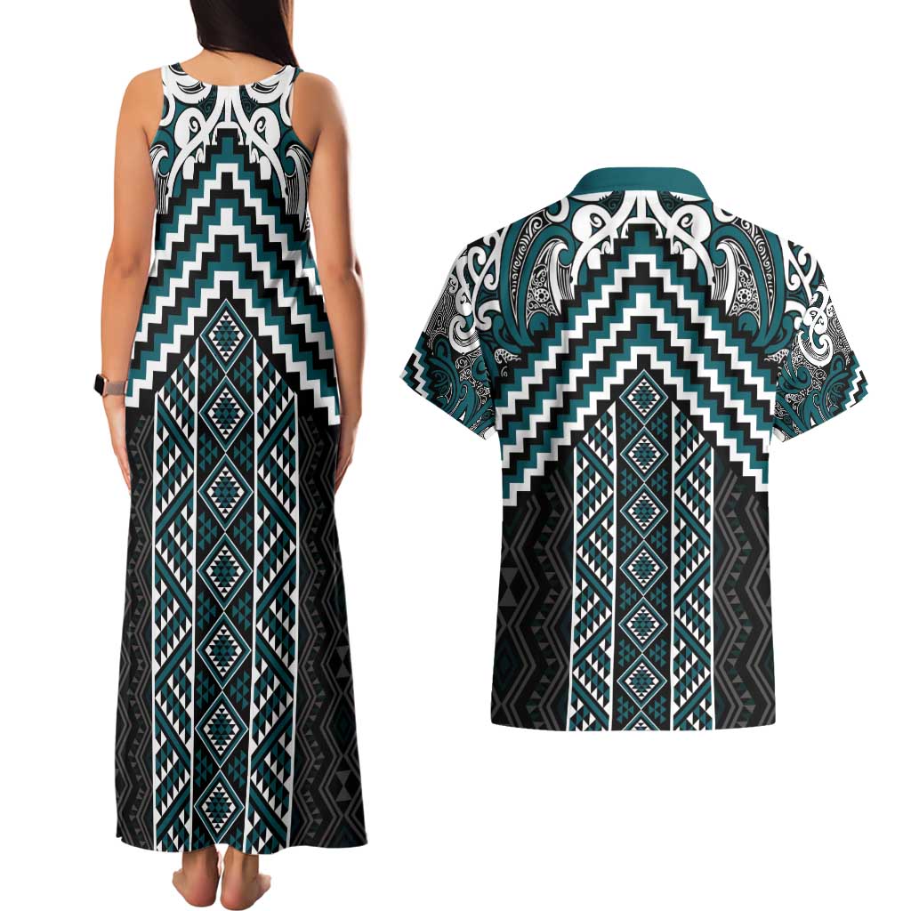 Maori Tukutuku Taniko Motifs Couples Matching Tank Maxi Dress and Hawaiian Shirt Teal Poutama Mix Kowhaiwhai LT7 - Polynesian Pride