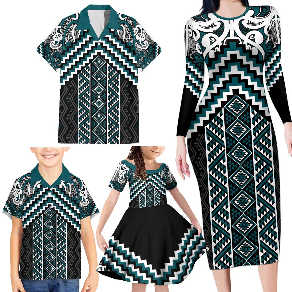 Maori Tukutuku Taniko Motifs Family Matching Long Sleeve Bodycon Dress and Hawaiian Shirt Teal Poutama Mix Kowhaiwhai LT7 - Polynesian Pride