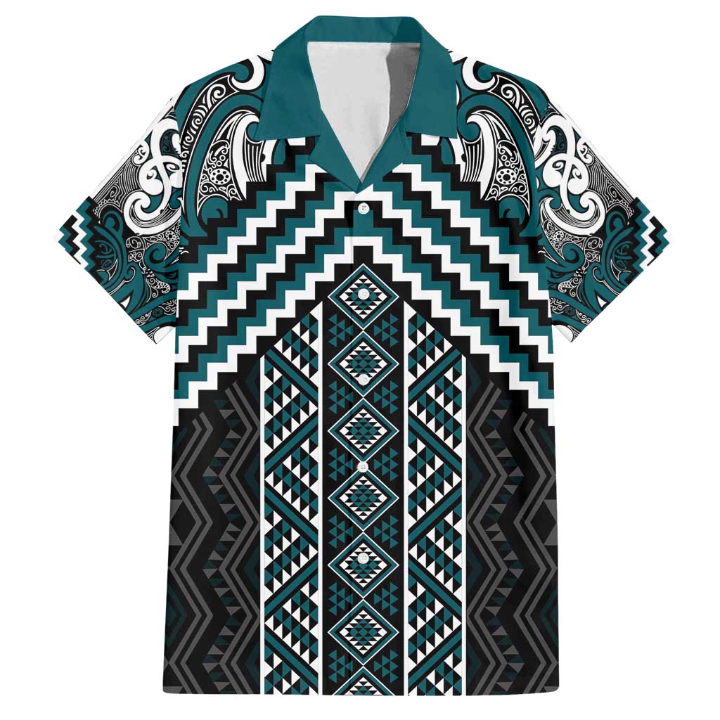 Maori Tukutuku Taniko Motifs Family Matching Long Sleeve Bodycon Dress and Hawaiian Shirt Teal Poutama Mix Kowhaiwhai LT7 Dad's Shirt - Short Sleeve Teal - Polynesian Pride