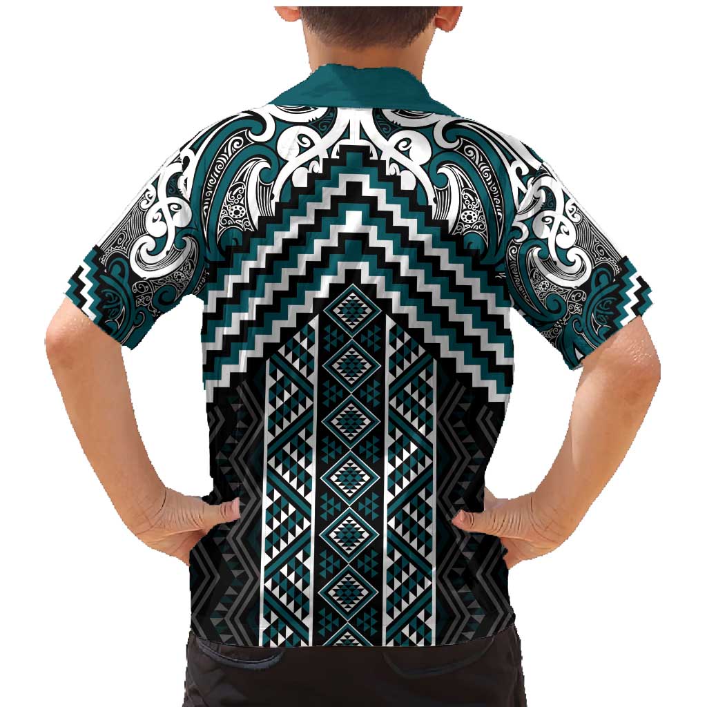 Maori Tukutuku Taniko Motifs Family Matching Mermaid Dress and Hawaiian Shirt Teal Poutama Mix Kowhaiwhai LT7 - Polynesian Pride