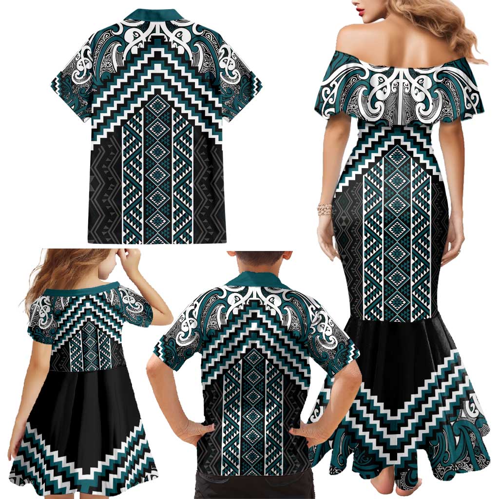 Maori Tukutuku Taniko Motifs Family Matching Mermaid Dress and Hawaiian Shirt Teal Poutama Mix Kowhaiwhai LT7 - Polynesian Pride