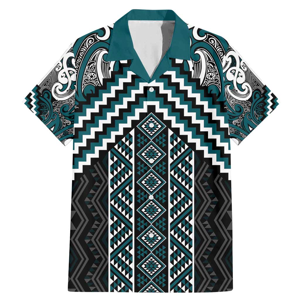 Maori Tukutuku Taniko Motifs Family Matching Mermaid Dress and Hawaiian Shirt Teal Poutama Mix Kowhaiwhai LT7 Dad's Shirt - Short Sleeve Teal - Polynesian Pride