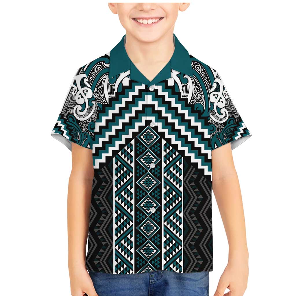 Maori Tukutuku Taniko Motifs Family Matching Mermaid Dress and Hawaiian Shirt Teal Poutama Mix Kowhaiwhai LT7 Son's Shirt Teal - Polynesian Pride