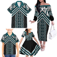 Maori Tukutuku Taniko Motifs Family Matching Off The Shoulder Long Sleeve Dress and Hawaiian Shirt Teal Poutama Mix Kowhaiwhai