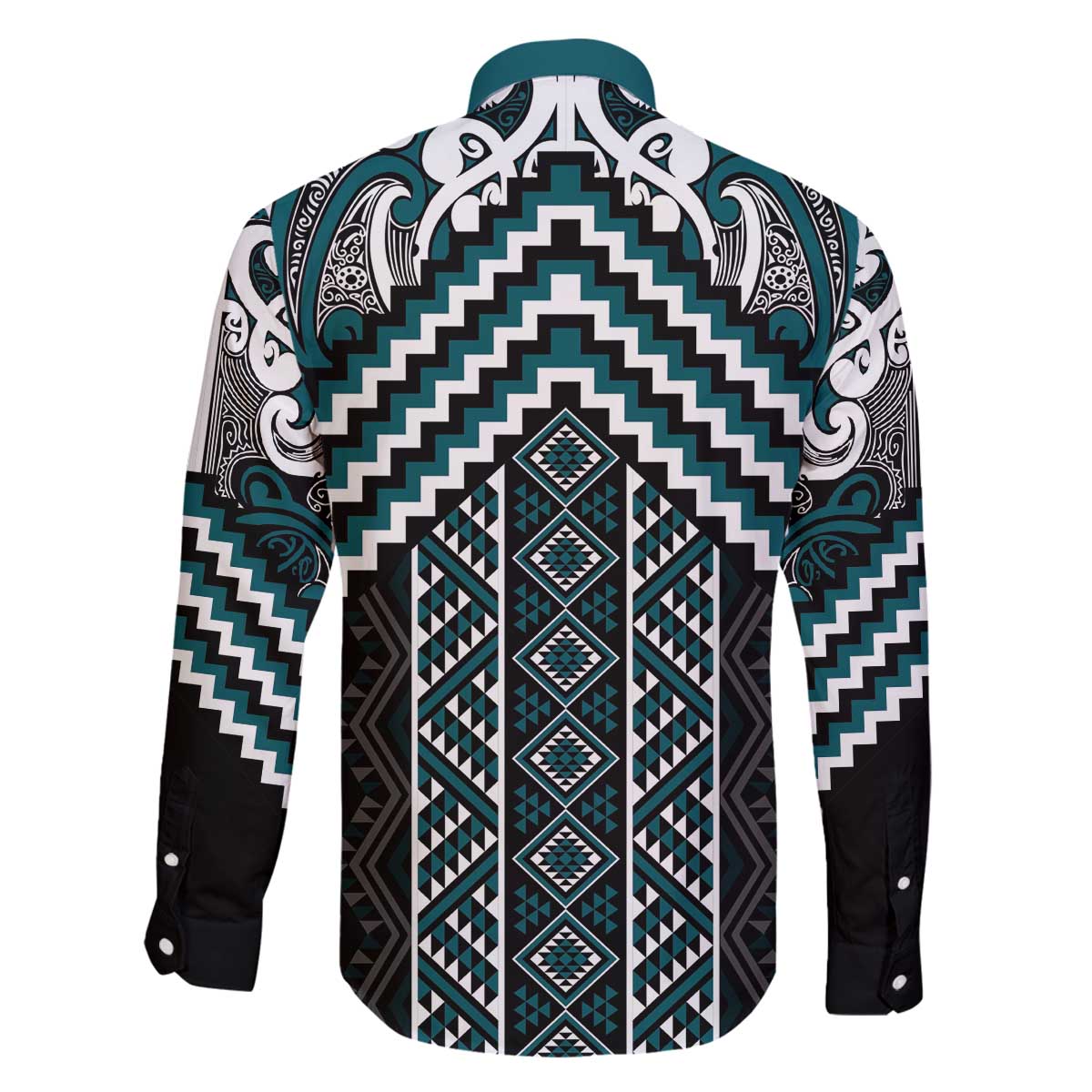 Maori Tukutuku Taniko Motifs Family Matching Off The Shoulder Long Sleeve Dress and Hawaiian Shirt Teal Poutama Mix Kowhaiwhai