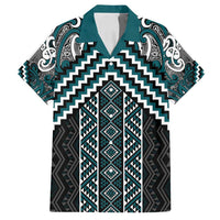 Maori Tukutuku Taniko Motifs Family Matching Off Shoulder Maxi Dress and Hawaiian Shirt Teal Poutama Mix Kowhaiwhai LT7 Dad's Shirt - Short Sleeve Teal - Polynesian Pride