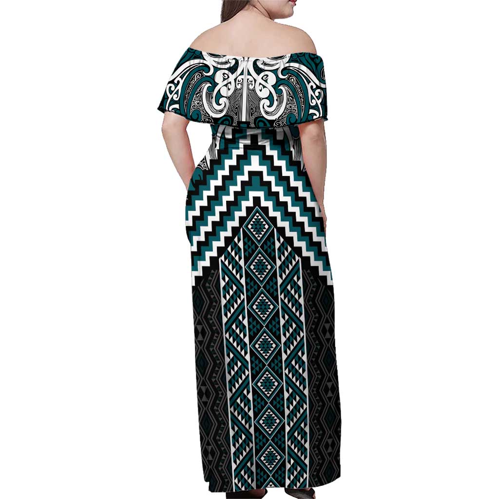 Maori Tukutuku Taniko Motifs Family Matching Off Shoulder Maxi Dress and Hawaiian Shirt Teal Poutama Mix Kowhaiwhai LT7 - Polynesian Pride