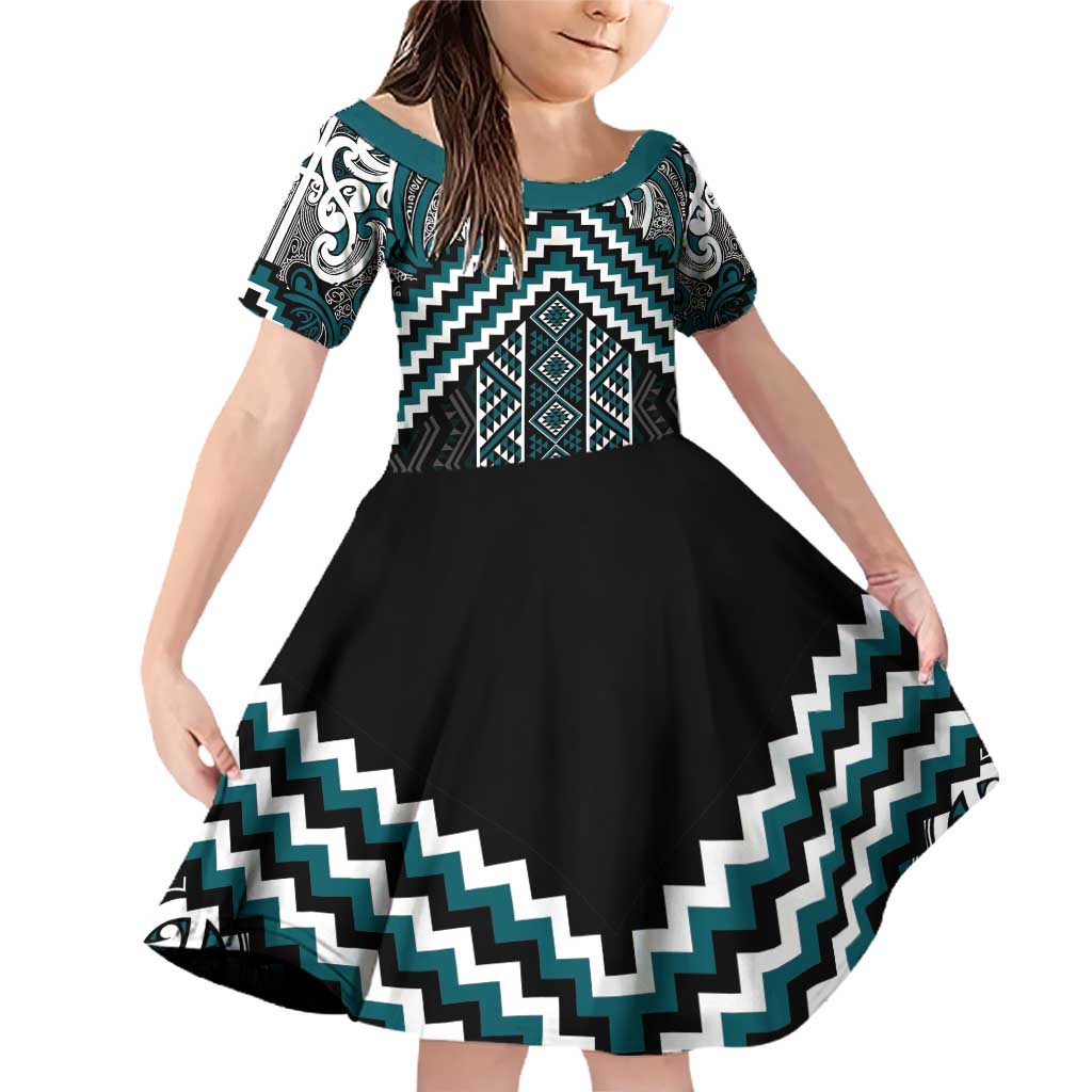 Maori Tukutuku Taniko Motifs Family Matching Off Shoulder Short Dress and Hawaiian Shirt Teal Poutama Mix Kowhaiwhai LT7 Daughter's Dress Teal - Polynesian Pride