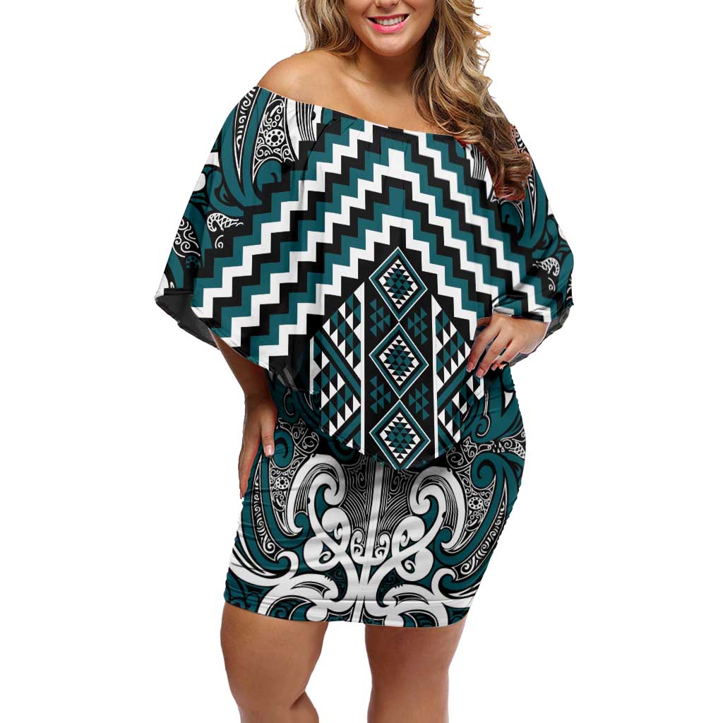 Maori Tukutuku Taniko Motifs Family Matching Off Shoulder Short Dress and Hawaiian Shirt Teal Poutama Mix Kowhaiwhai LT7 Mom's Dress Teal - Polynesian Pride