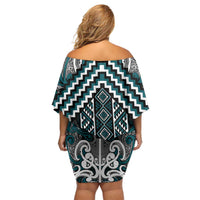 Maori Tukutuku Taniko Motifs Family Matching Off Shoulder Short Dress and Hawaiian Shirt Teal Poutama Mix Kowhaiwhai LT7 - Polynesian Pride