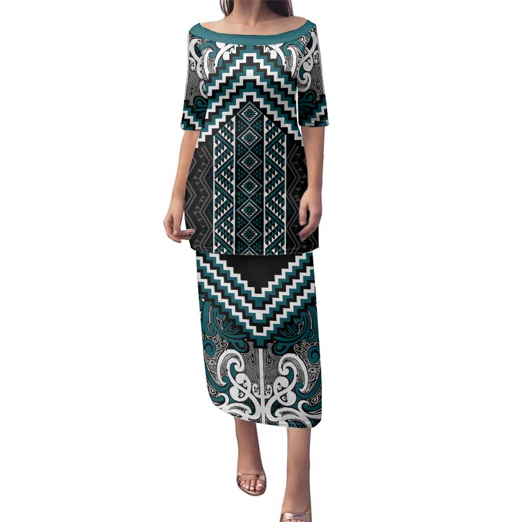 Maori Tukutuku Taniko Motifs Family Matching Puletasi and Hawaiian Shirt Teal Poutama Mix Kowhaiwhai LT7 Mom's Dress Teal - Polynesian Pride