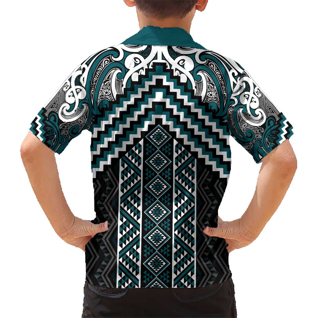 Maori Tukutuku Taniko Motifs Family Matching Short Sleeve Bodycon Dress and Hawaiian Shirt Teal Poutama Mix Kowhaiwhai LT7 - Polynesian Pride