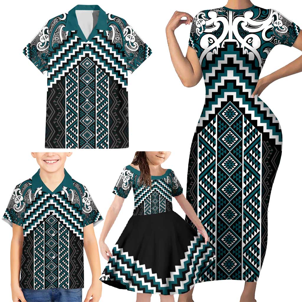 Maori Tukutuku Taniko Motifs Family Matching Short Sleeve Bodycon Dress and Hawaiian Shirt Teal Poutama Mix Kowhaiwhai LT7 - Polynesian Pride