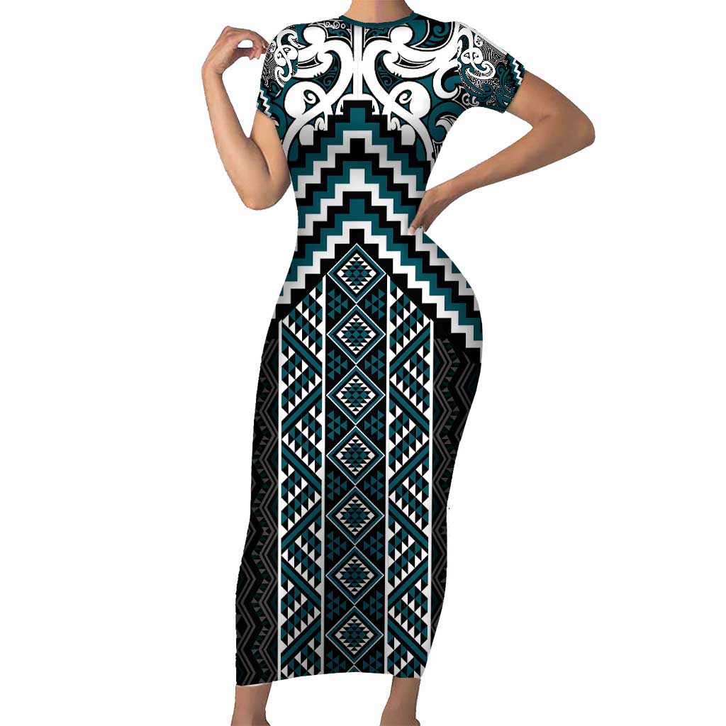 Maori Tukutuku Taniko Motifs Family Matching Short Sleeve Bodycon Dress and Hawaiian Shirt Teal Poutama Mix Kowhaiwhai LT7 Mom's Dress Teal - Polynesian Pride