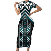 Maori Tukutuku Taniko Motifs Family Matching Short Sleeve Bodycon Dress and Hawaiian Shirt Teal Poutama Mix Kowhaiwhai LT7 Mom's Dress Teal - Polynesian Pride