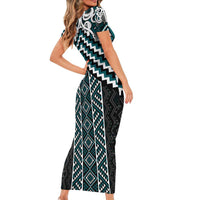 Maori Tukutuku Taniko Motifs Family Matching Short Sleeve Bodycon Dress and Hawaiian Shirt Teal Poutama Mix Kowhaiwhai LT7 - Polynesian Pride