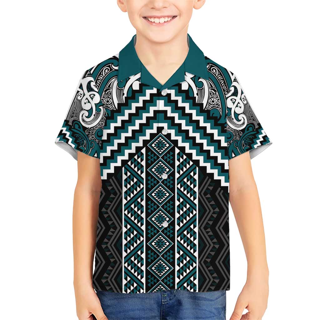 Maori Tukutuku Taniko Motifs Family Matching Short Sleeve Bodycon Dress and Hawaiian Shirt Teal Poutama Mix Kowhaiwhai LT7 Son's Shirt Teal - Polynesian Pride