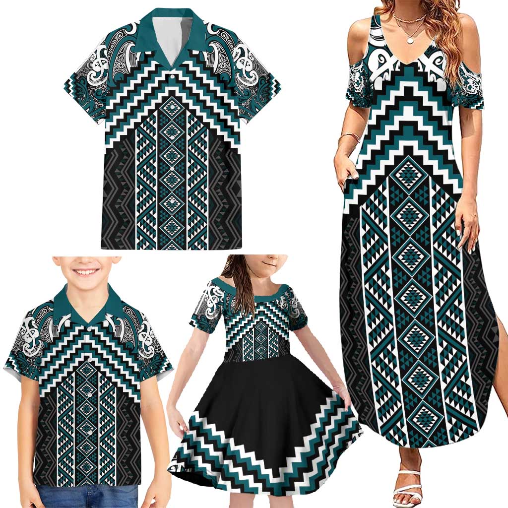 Maori Tukutuku Taniko Motifs Family Matching Summer Maxi Dress and Hawaiian Shirt Teal Poutama Mix Kowhaiwhai LT7 - Polynesian Pride