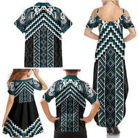 Maori Tukutuku Taniko Motifs Family Matching Summer Maxi Dress and Hawaiian Shirt Teal Poutama Mix Kowhaiwhai LT7 - Polynesian Pride