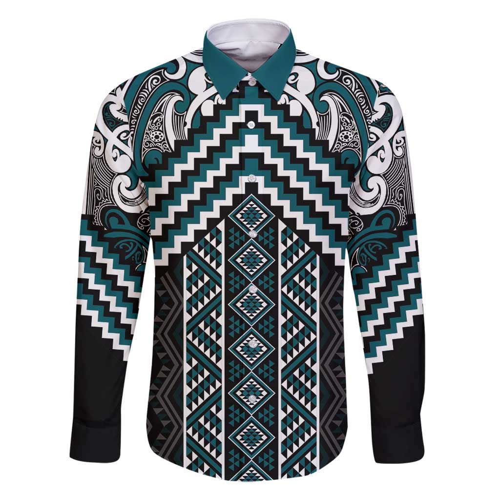 Maori Tukutuku Taniko Motifs Family Matching Summer Maxi Dress and Hawaiian Shirt Teal Poutama Mix Kowhaiwhai LT7 Dad's Shirt - Long Sleeve Teal - Polynesian Pride