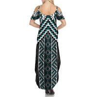 Maori Tukutuku Taniko Motifs Family Matching Summer Maxi Dress and Hawaiian Shirt Teal Poutama Mix Kowhaiwhai LT7 - Polynesian Pride