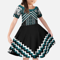 Maori Tukutuku Taniko Motifs Family Matching Tank Maxi Dress and Hawaiian Shirt Teal Poutama Mix Kowhaiwhai LT7 Daughter's Dress Teal - Polynesian Pride