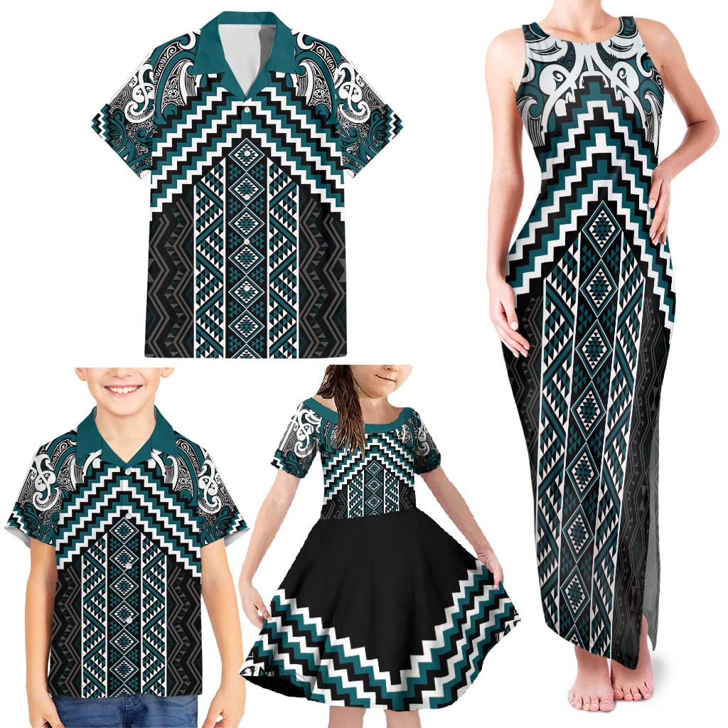 Maori Tukutuku Taniko Motifs Family Matching Tank Maxi Dress and Hawaiian Shirt Teal Poutama Mix Kowhaiwhai LT7 - Polynesian Pride