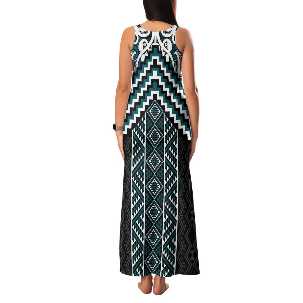 Maori Tukutuku Taniko Motifs Family Matching Tank Maxi Dress and Hawaiian Shirt Teal Poutama Mix Kowhaiwhai LT7 - Polynesian Pride