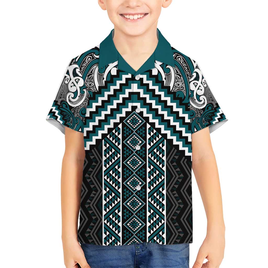 Maori Tukutuku Taniko Motifs Family Matching Tank Maxi Dress and Hawaiian Shirt Teal Poutama Mix Kowhaiwhai LT7 Son's Shirt Teal - Polynesian Pride