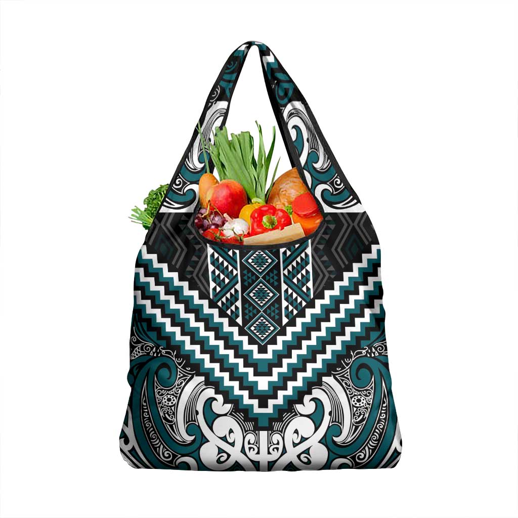 Maori Tukutuku Taniko Motifs Grocery Bag Teal Poutama Mix Kowhaiwhai