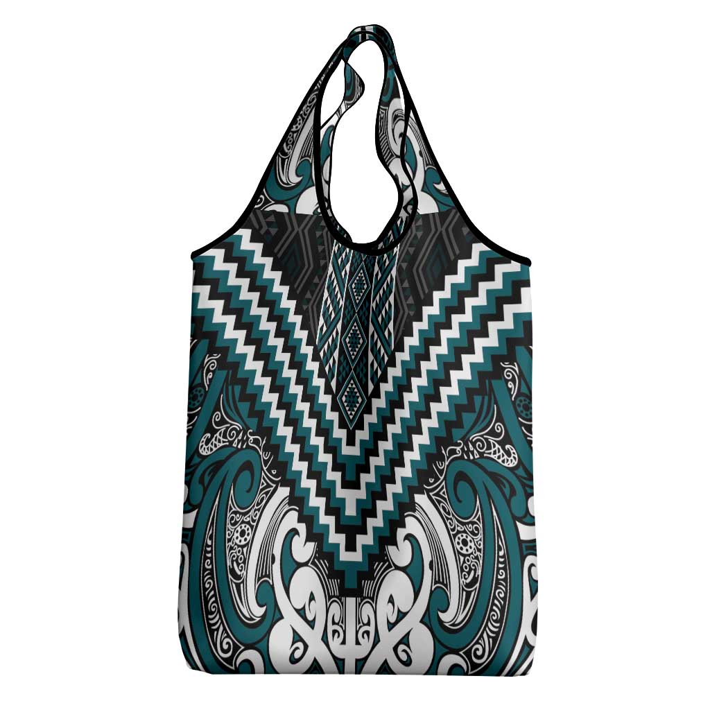 Maori Tukutuku Taniko Motifs Grocery Bag Teal Poutama Mix Kowhaiwhai