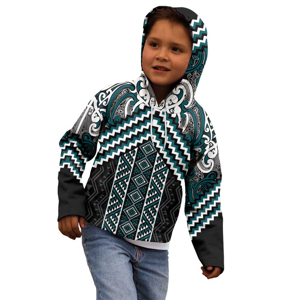 Maori Tukutuku Taniko Motifs Kid Hoodie Teal Poutama Mix Kowhaiwhai