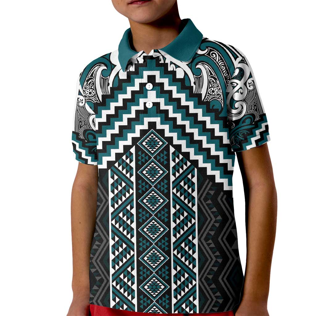 Maori Tukutuku Taniko Motifs Kid Polo Shirt Teal Poutama Mix Kowhaiwhai LT7 Kid Teal - Polynesian Pride